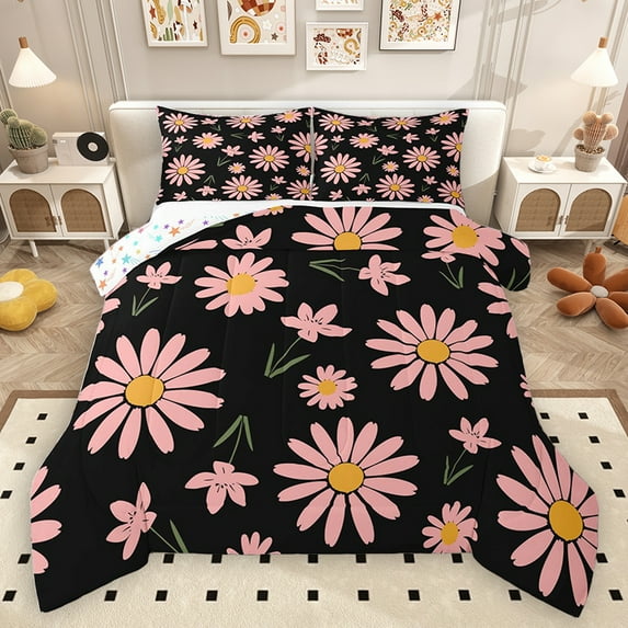 Homewish Kawaii Groovy Girls Bedding Comforter Set, Rustic Farmhouse Flower Twin Comforter Sets, Dreamy Pink Daisy Reversible Bedding Set, Breathable Home Decor, 2-Piece