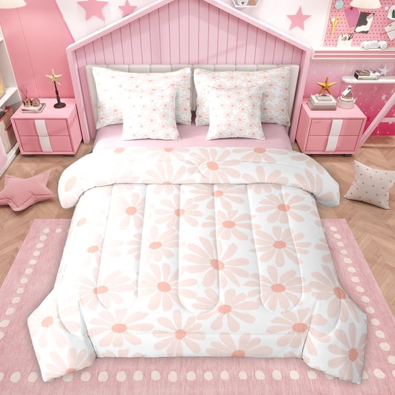 Homewish Kawaii Groovy Girls Twin Bedding Sets 7-Piece, Rustic Farmhouse Flower Bedding Comforter Set, Dreamy Pink Daisy Reversible Sheet Sets, Microfiber Bedroom Decor