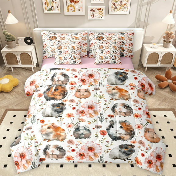 Homewish Kawaii Guinea Pig 7-Piece Twin Bedding Sets,Rustic Flower Bedding Comforter Set,Orange White Gray Sheet Sets For Men Women,Microfiber Bedroom Decor Reversible