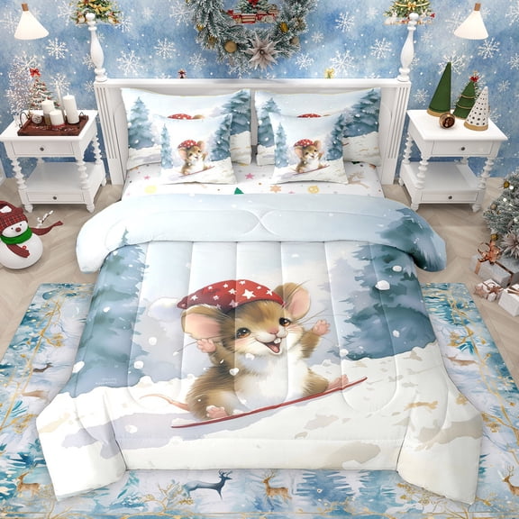 Homewish Kawaii Guinea Pig Bedding Comforter Set 7pcs, Winter Christmas Hamster King Bedding Sets, Cartoon Animal Reversible Bed Sheets, Breathable Home Decor