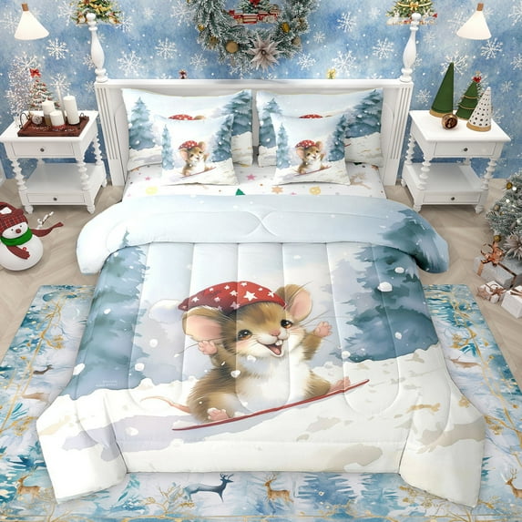 Homewish Kawaii Guinea Pig Twin Bedding Sets 7-Piece, Winter Christmas Hamster Bedding Comforter Set, Cartoon Animal Reversible Sheet Sets, Breathable Home Decor