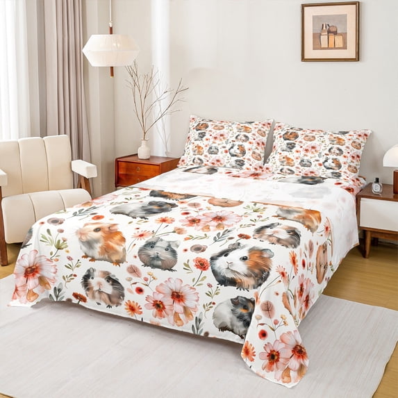 Homewish Kawaii Guinea Pig Twin Sheet Sets,Rustic Flower Twin Fitted Sheet,Orange White Gray Flat Sheet For Men Women,Microfiber Bedroom Decor,3-Piece