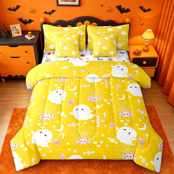 Homewish Kawaii Halloween Ghost 7-Piece Twin Bedding,Spider Web Heart Candy Print Bedding Comforter Set,Halloween Reversible