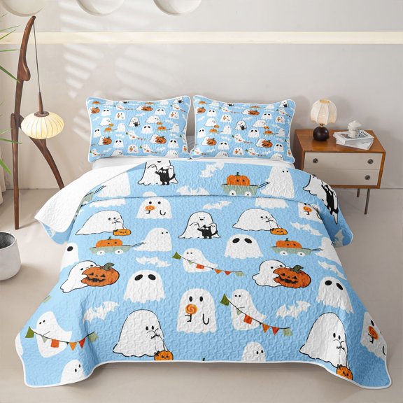 Homewish Kawaii Halloween Ghost Bed Spread Queen,Pumpkin Bat Pattern Queen Coverlet Set,3-Piece