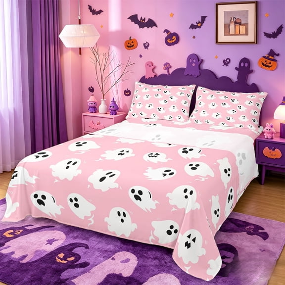 Homewish Kawaii Halloween Ghost Queen Sheets,Spooky Print Queen Sheet Sets,4pcs,1 Flat Sheet,1 Fitted Sheet and 2 Pillowcases