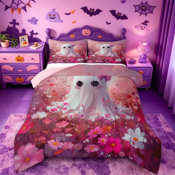 Homewish Kawaii Halloween Ghost Twin Comforter Sets,Daisy Bow Pink Flower Pattern Bedding Set,Pink Reversible,2pcs,1 Comforter and 1 Pillowcase