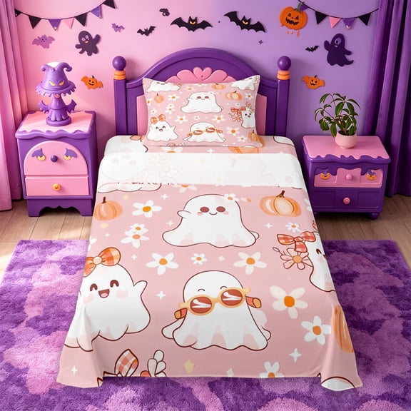 Homewish Kawaii Halloween Ghost Twin Sheets,Bow Pumpkin Pattern Bedding,Light Pink Orange,3pcs,1 Fitted Sheet and 1 Pillowcase