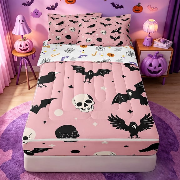 Homewish Kawaii Halloween Raven Skull Zipper Queen Comforter Set with Fitted Sheet and 2 Pillowcases,Bat Dot Print Zipper Bedding Set,Blush Pink Black,Halloween Reversible,4-Piece