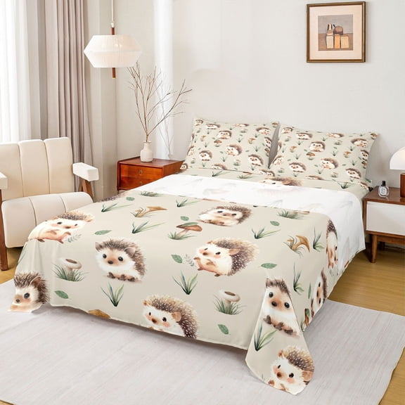 Homewish Kawaii Hedgehog 4pcs Bed Sheets for Preppy Kids Children,Botanical Plants Mushroom King Sheets,Cartoon Animal Super Cozy Sheet Set,Super Cozy Room Decor