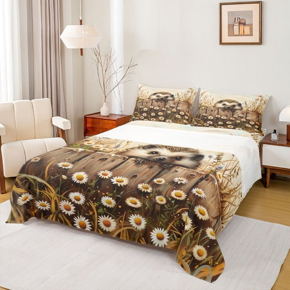 Homewish Kawaii Hedgehog Animal Bed Sheets for Teens, Rustic Lodge Cabin King Sheets, Countryside Theme Sheet Set, Lightweight Room Decor, 4pcs