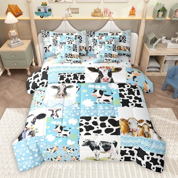 Homewish Kawaii Highland Bull Bedding Comforter Set 7pcs for Kids, Kawaii Cute Cartoon King Bedding Sets, Aztec Abstract Reversible Bed Sheets, Ultra Soft Bedroom Decor