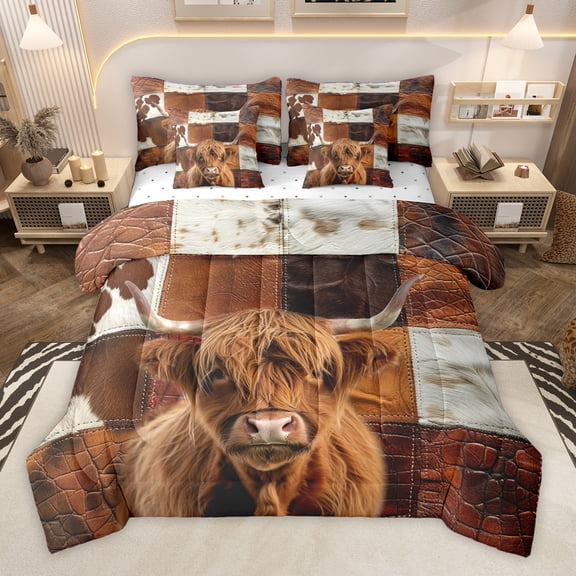 Homewish Kawaii Highland Cattle 7pcs Bedding Comforter Set,Rustic Cow Hide Queen Bedding Sets,Brown Patchwork Cattle Hide Queen Sheet Sets For Teens,Luxury Bedroom Decor