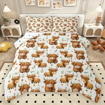 Homewish Kawaii Highland Cattle Bedding Comforter Set,Rustic Farm Animal Twin Comforter Sets,Orange Flower Floral Bedding Set For Teens,Luxury Bedroom Decor Reversible,2-Piece
