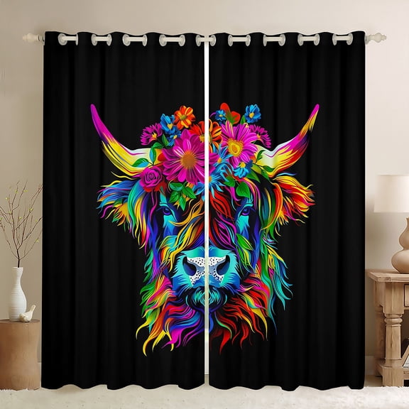 Homewish Kawaii Highland Cattle Black Out Curtains,Colorful Country Floral Curtains Pack of 2 (42x63 Each),Rustic Farnhouse Cabin Bedroom Curtains For Teens,Luxury Bedroom Decor