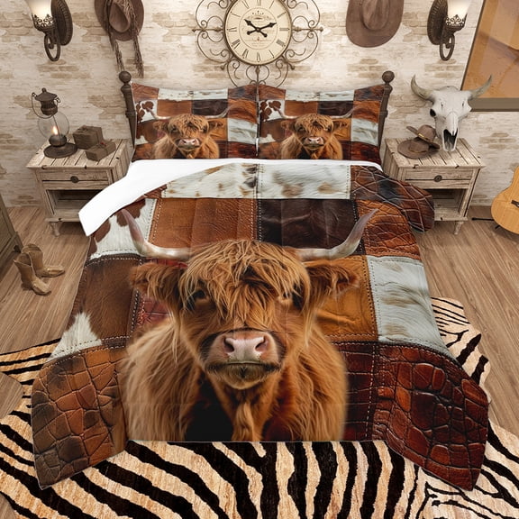 Homewish Kawaii Highland Cattle Queen Comforter Set,Rustic Cow Hide Bedding Sets,Brown Patchwork Cattle Hide Bedding Comforter Set For Teens,Luxury Bedroom Decor,3 Pieces