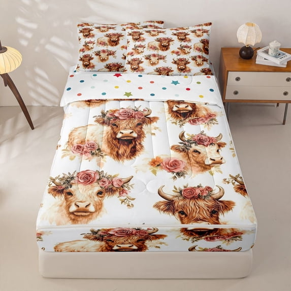 Homewish Kawaii Highland Cattle Zipper Full Size Comforter Sets with Fitted Sheet and 2 Pillowcases,Brown Farm Animals Zipper Bedding Set For Adult,Reversible,4 Pieces