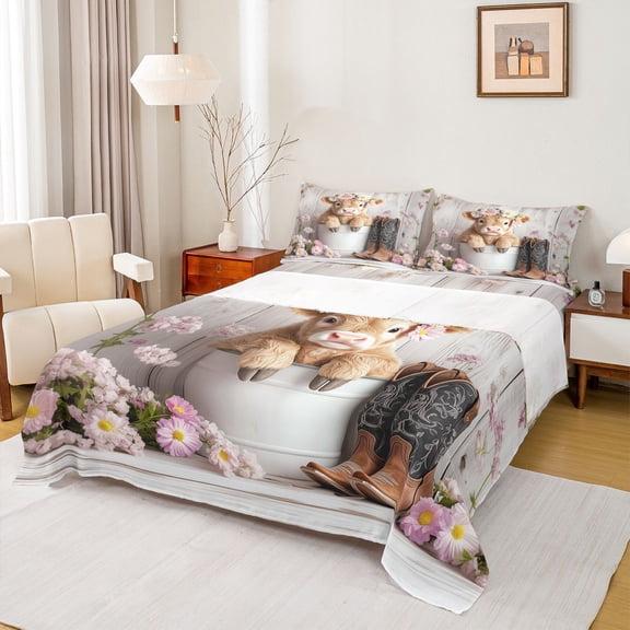 Homewish Kawaii Highland Cow Bed Sheets,Western Cowboy Boots King Sheets,Pink Flower Floral Sheet Set For Teens,Super Cozy Room Decor,4 Pieces