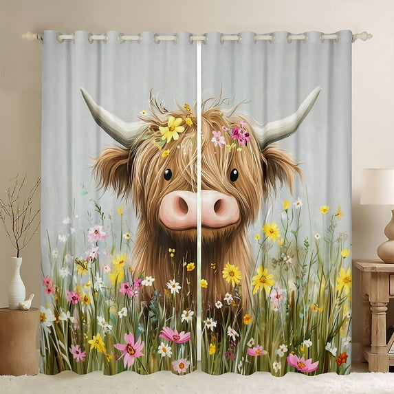 Homewish Kawaii Highland Cow Black Out Curtains, Rustic Farmhouse Animal Curtains Pack of 2 (42x63 Each), Groovy Flower Bedroom Curtains, Curtains Blackout Decor
