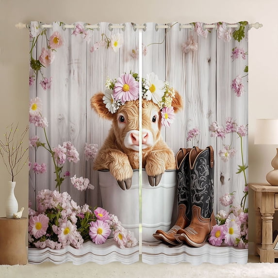 Homewish Cowboy Highland Cow 42x63 2-Pack Super Cozy Teen Floral Blackout Curtains