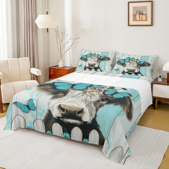 Homewish Kawaii Highland Cow Full Size Sheets, Blue Butterfly Animal Bed Sheets, Vintage Rustic Cabin Sheet Sets, Ultra Soft Bedroom Decor, 4pcs