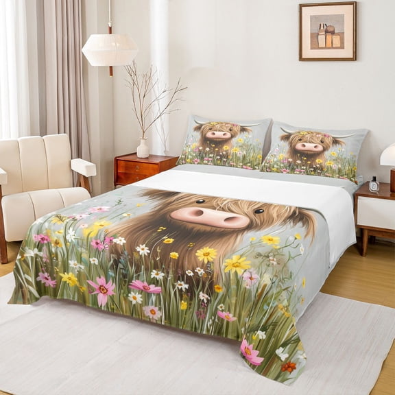 Homewish Kawaii Highland Cow Twin Sheet Sets, Rustic Farmhouse Animal Twin Fitted Sheet, Groovy Flower Flat Sheet, Super Cozy Room Decor, 3-Piece