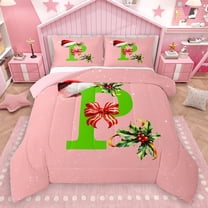 Homewish Kawaii Initial P Letter Queen Comforter Set, Christmas Hat Flower Bedding Sets, Girly Pink Cartoon Reversible Bedding Comforter Set, Breathable Home Decor, 3pcs