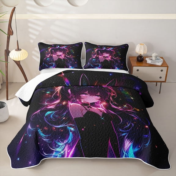 Homewish Kawaii Japanese Girl Bed Spread Queen,3D Japanese Girl Queen Coverlet Set For Kids,3-Piece
