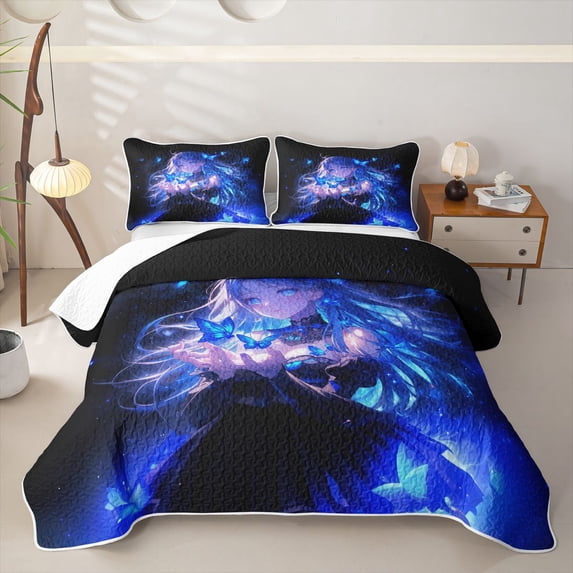 Homewish Kawaii Japanese Girl Twin Quilt Set,Blue Wild Butterfly Twin Coverlet Set For Kids,2pcs