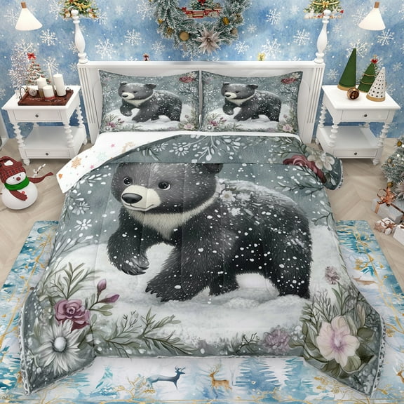Homewish Kawaii Jungle Bear Queen Comforter Set, Cute Cartoon Wildlife Bedding Sets, Winter Christmas Theme Reversible Bedding Comforter Set, Lightweight Room Decor, 3 Pieces
