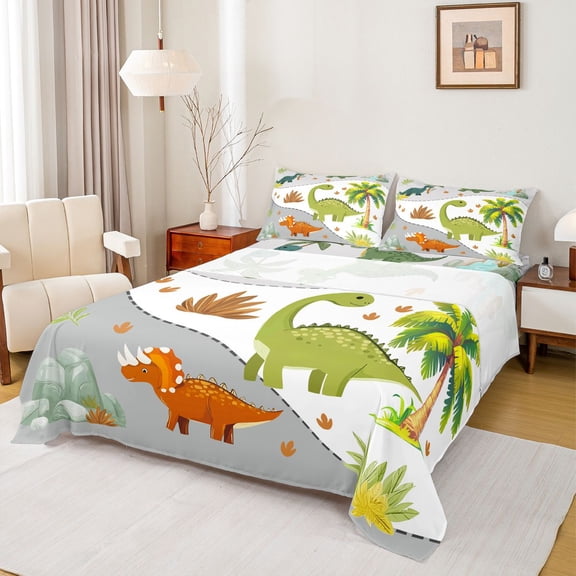 Homewish Kawaii Jungle Dinosaur Bed Sheets for Kids, Tropic Coconut Tree King Sheets, Cartoon Funny Animal Sheet Set, Ultra Soft Bedroom Decor, 4pcs
