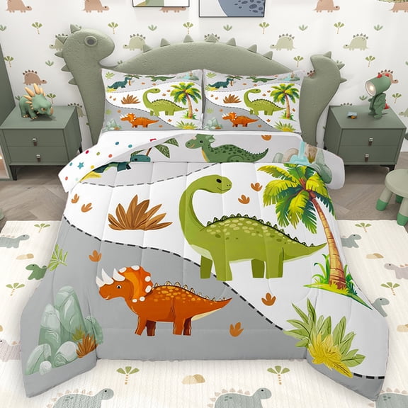 Homewish Kawaii Jungle Dinosaur Bedding Comforter Set for Kids, Tropic Coconut Tree Twin Comforter Sets, Cartoon Funny Animal Reversible Bedding Set, Ultra Soft Bedroom Decor, 2pcs