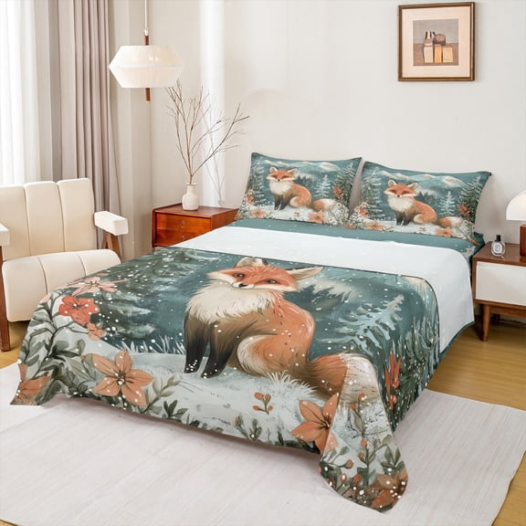 Homewish Kawaii Jungle Fox Twin Sheet Sets for Teens, Rustic Farmhouse Twin Fitted Sheet, Merry Christmas Flat Sheet, Luxury Bedroom Decor, 3-Piece