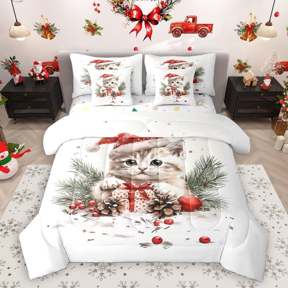 Homewish Kawaii Kitten 7pcs Bedding Comforter Set,Christmas Flower Pine Cone Queen Bedding Sets,Rustic Farmhouse Cabin Queen Sheet Sets For Girls Kids,Breathable Home Decor Reversible