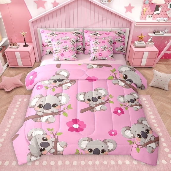 Homewish Kawaii Koala Lover Bedding Comforter Set 7pcs for Kids, Pink Blossoms Flower Floral King Bedding Sets, Cute Cartoon Animal Reversible Bed Sheets, Luxury Bedroom Decor