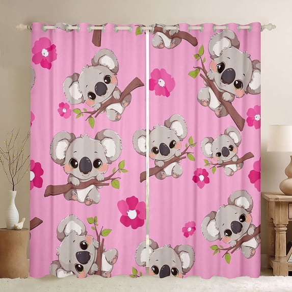 Homewish Kawaii Koala Lover Black Out Curtains for Kids, Pink Blossoms Flower Floral Curtains Pack of 2 (42x63 Each), Cute Cartoon Animal Bedroom Curtains, Curtains and Drapes Decor
