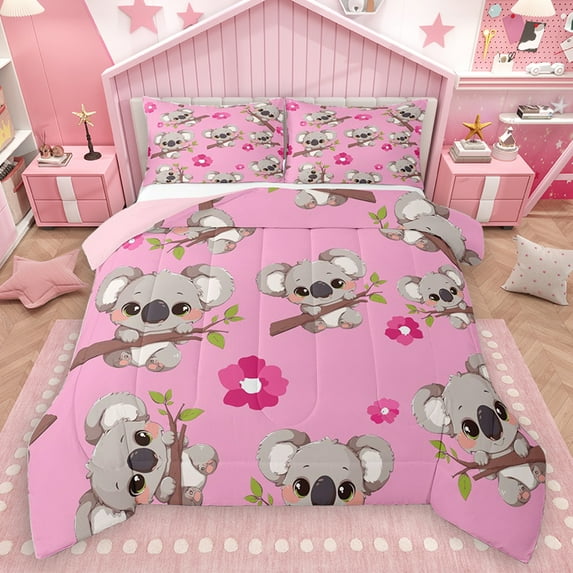Homewish Kawaii Koala Lover Full Size Comforter Sets for Kids, Pink Blossoms Flower Floral Bedding Comforter Set, Cute Cartoon Animal Reversible Bedding Sets, Luxury Bedroom Decor, 3-Piece