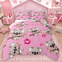 Homewish Kawaii Koala Lover Queen Comforter Set for Kids, Pink Blossoms Flower Floral Bedding Sets, Cute Cartoon Animal Reversible Bedding Comforter Set, Luxury Bedroom Decor, 3-Piece