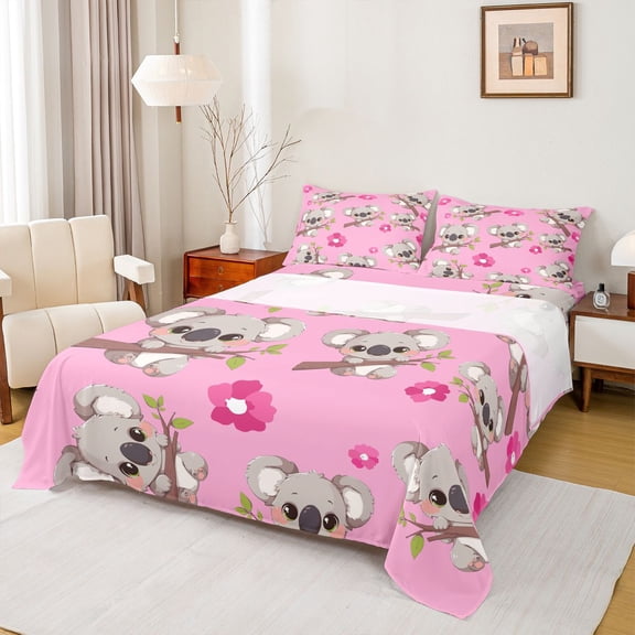Homewish Kawaii Koala Lover Twin Sheet Sets for Kids, Pink Blossoms Flower Floral Twin Fitted Sheet, Cute Cartoon Animal Flat Sheet, Luxury Bedroom Decor, 3-Piece
