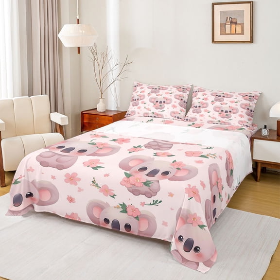 Homewish Kawaii Koala Queen Sheet Sets,Pink Flower Blossom Flat Sheet,Zoo Animal Queen Fitted Sheet For Child,Microfiber Bedroom Decor,4 Pieces
