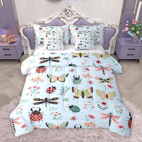 Homewish Kawaii Ladybug Insect Bedding Comforter Set 7 Pieces for Kids, Butterfly Dragonfly Full Bedding Set, Blue Cartoon Flower Reversible Fitted Sheet Flat Sheet, Luxury Bedroom Decor
