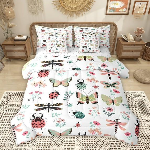 Homewish Kawaii Ladybug Insect Bedding Comforter Set 7pcs for Kids, Butterfly Dragonfly Queen Bedding Sets, Cartoon Flower Plant Reversible Queen Sheet Sets, Ultra Soft Bedroom Decor