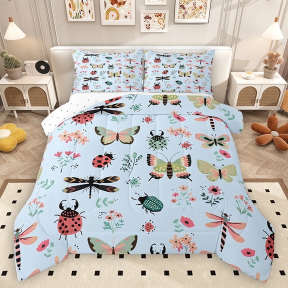 Homewish Kawaii Ladybug Insect Full Size Comforter Sets for Kids, Butterfly Dragonfly Bedding Comforter Set, Blue Cartoon Flower Reversible Bedding Sets, Luxury Bedroom Decor, 3-Piece