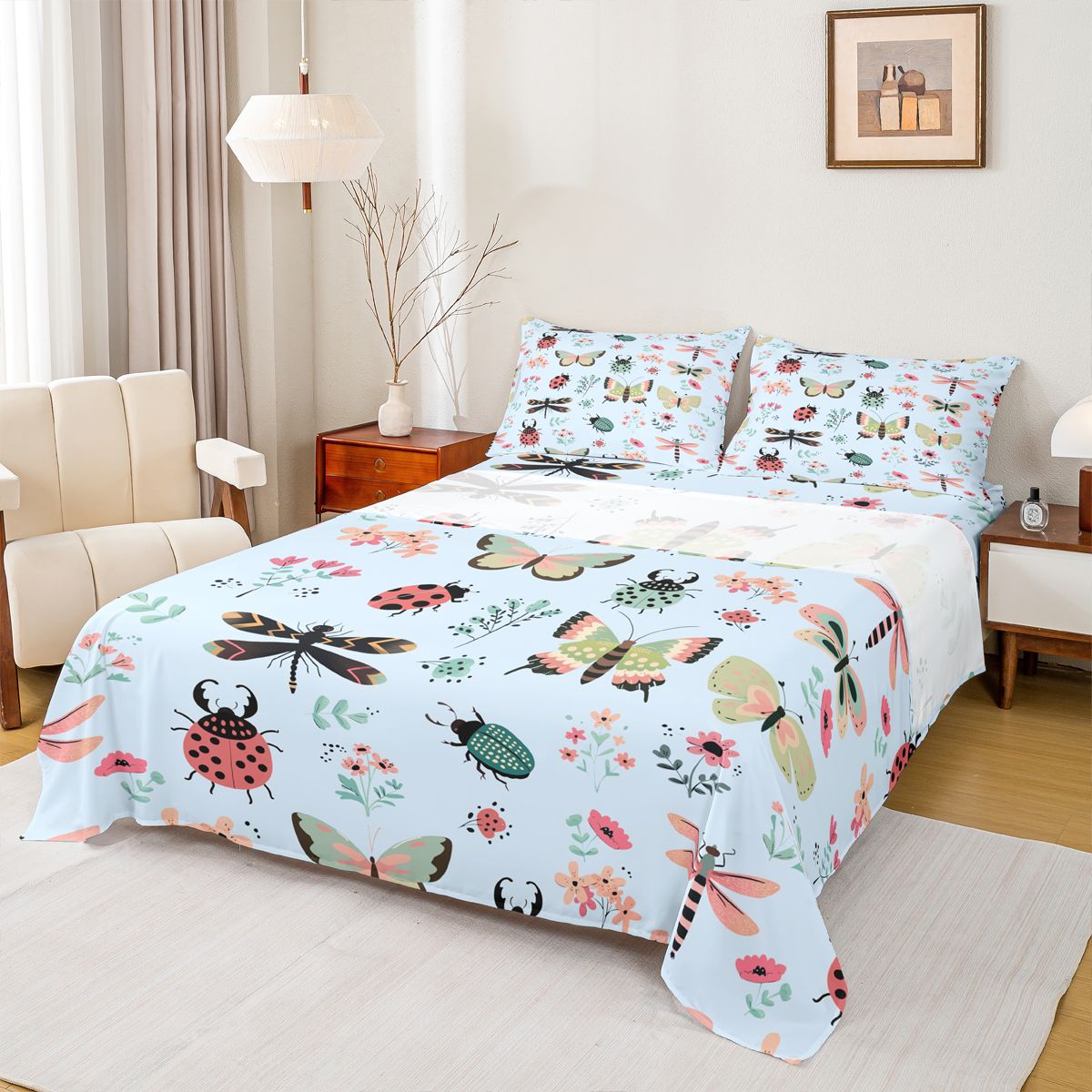 Homewish Kawaii Ladybug Insect Full Size Sheets for Kids, Butterfly Dragonfly Bed Sheets, Blue Cartoon Flower Sheet Sets, Luxury Bedroom Decor, 4-Piece