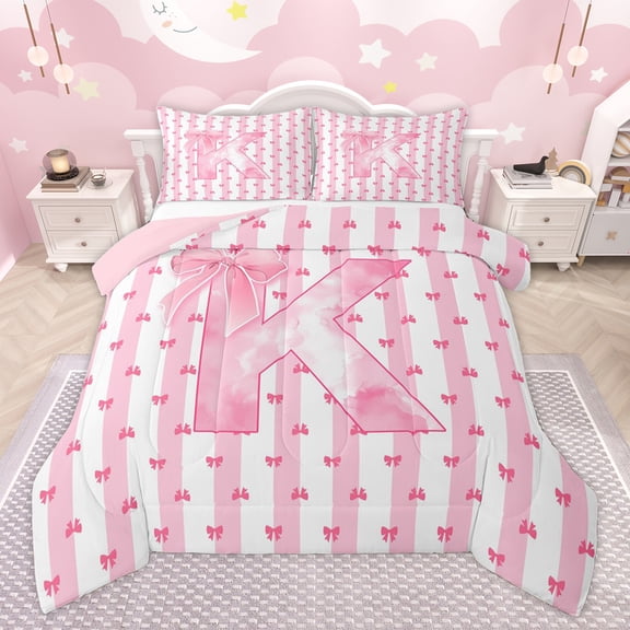 Homewish Kawaii Letter K Bedding Comforter Set for Kids, Princess Pink Bowknot Twin Comforter Sets, Cute Cartoon Ribbon Reversible Bedding Set, Breathable Home Decor, 2pcs