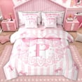 thumbnail image 1 of Homewish Kawaii Letter P Bedding Comforter Set 7pcs for Kids, Cartoon Bowknot Monogrammed Queen Bedding Sets, Girly Pink Stripe Lines Reversible Queen Sheet Sets, Luxury Bedroom Decor, 1 of 7