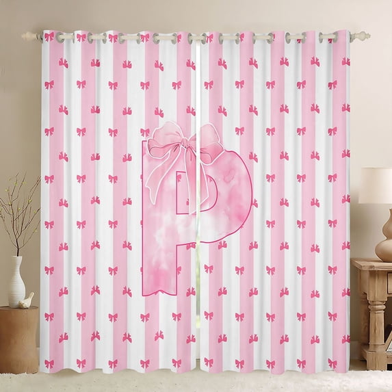 Homewish Kawaii Letter P Black Out Curtains for Kids, Princess Pink Bowknot Curtains Pack of 2 (42x63 Each), Cute Cartoon Ribbon Bedroom Curtains, Blackout Curtains Bedroom Decor