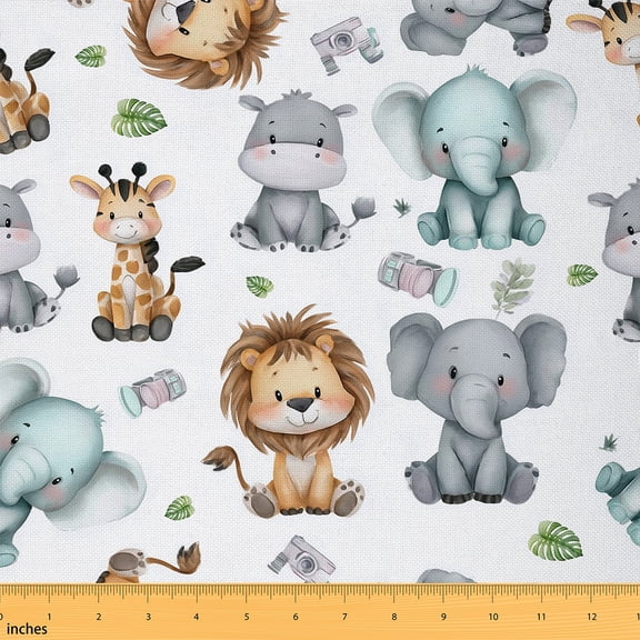Homewish Kawaii Lion Elephant Fabric by the Yard 3 Yard, Cartoon Animal Room Decor Fabric by the Yard, Teens Girls Boys Kids Sewing Fabric, Microfiber Bedroom Decor