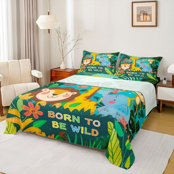 Homewish Kawaii Lion Elephant Giraffe Twin Sheet Sets 3pcs for Children Teens,Jungle Animal Twin Fitted Sheet Microfiber,Botanical Plants Breathable Flat Sheet,Luxury Bedroom Decor