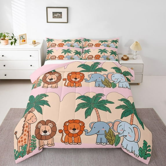 Homewish Kawaii Lions Giraffe Full Size Comforter Sets,Tropical Botanical Covonut Tree Bedding Comforter Set,Pink Beige Bedding Sets For Girls Boys,Super Cozy Room Decor Reversible,3-Piece