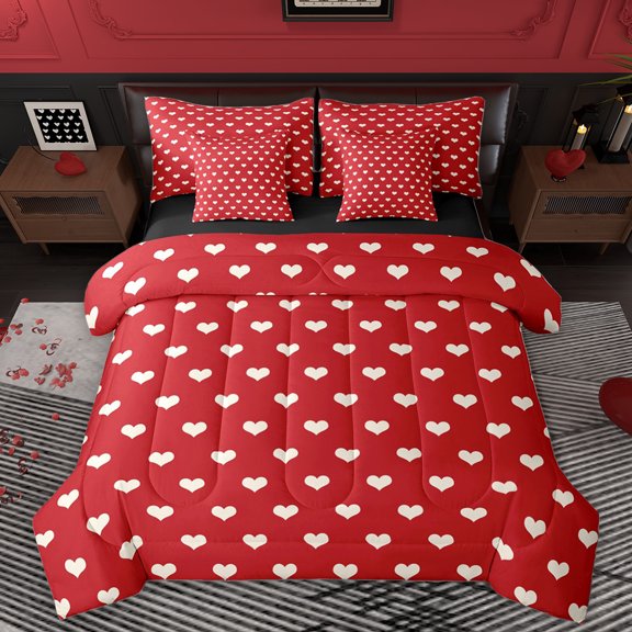 Homewish Kawaii Love Heart Bedding Comforter Set 7pcs, Couple Romantic Anniversary Queen Bedding Sets, Teens Kids Boys Girls Reversible Queen Sheet Sets, Breathable Home Decor